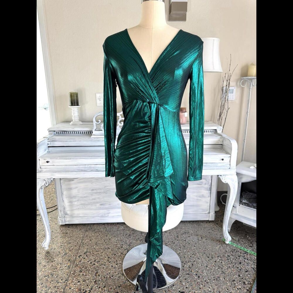 Womens Green ruched Faux Wrap bodycon Mini dress metallic shein xs